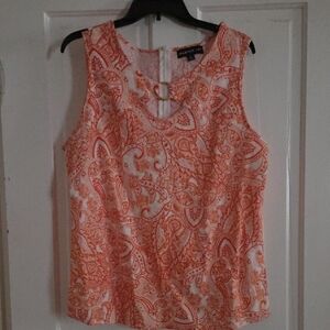 Chaps Sleeveless Linen Blouse with Orange Paisley Design
